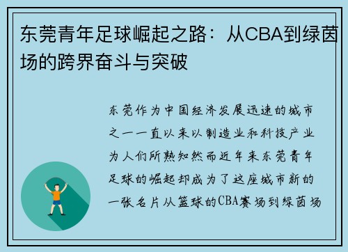 东莞青年足球崛起之路：从CBA到绿茵场的跨界奋斗与突破