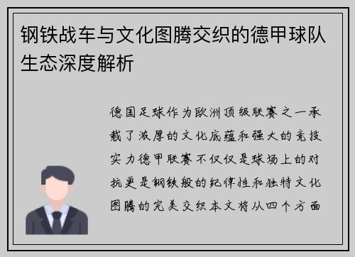 钢铁战车与文化图腾交织的德甲球队生态深度解析