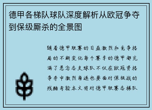 德甲各梯队球队深度解析从欧冠争夺到保级厮杀的全景图